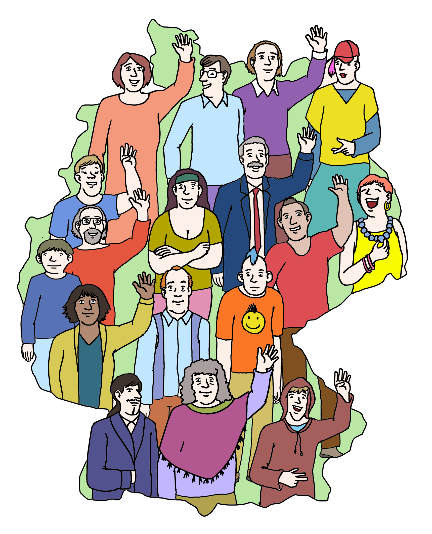 Zeichnung einer Deutschlandkarte aus der viele verschiedene Menschen hervorschauen