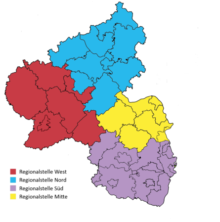 MBR Regionalstellen RLP Karte, die die Zuständigkeitsbereiche der vier Regionalstellen zeigt.