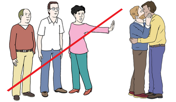 Eine Gruppe zeigt einem schwulen Pärchen, dass sie sie nicht in ihrer Gruppe dabei haben möchten. Das Bild ist durchgestrichen