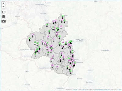 Karte von Rheinland-Pfalz mit Markierung der JES-Förderungen