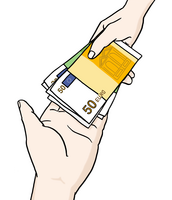 eine Hand, die einer anderen Hand Geldscheine gibt.