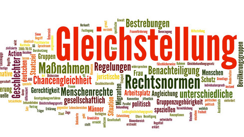 Symbol für Gleichstellung - Kollage aus verschiedenen Worten die im Kontext mit dem Begriff "Gleichstellung" stehen