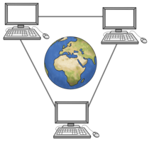 Zeichnung, die das Internet veranschaulichen soll. Drei Computer, die miteinander verbunden sind, in der Mitte ist ein Erdball zusehen.