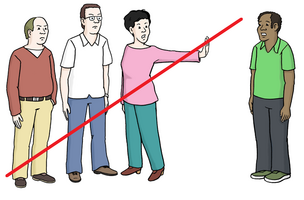 Drei Menschen zeigen einem Schwarzen Mann, dass sie ihn nicht in ihrer Gruppe dabei haben möchten. Das Bild ist durchgestrichen.