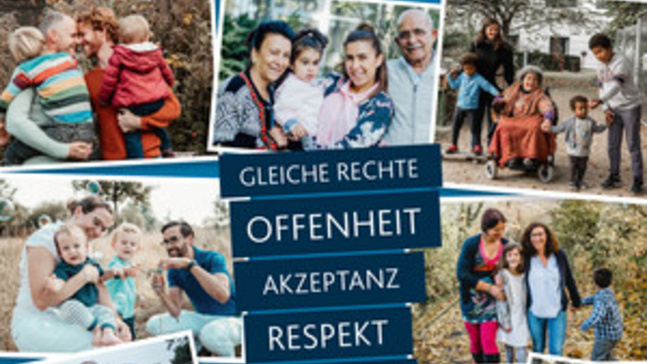 Dieses Plakat zeigt, wie vielfältig die Familienformen in Rheinland-Pfalz inzwischen sind. Familie ist überall da, wo in verbindlichen, persönlichen Beziehungen Verantwortung füreinander übernommen wird.
