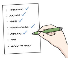 Zeichnung einer to-do Liste, die mit einem Stift abgehakt wird.