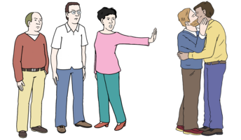 Eine Gruppe Menschen, zeigt einem schwulen Pärchen, dass sie sie nicht in ihrer Gruppe dabei haben möchten.