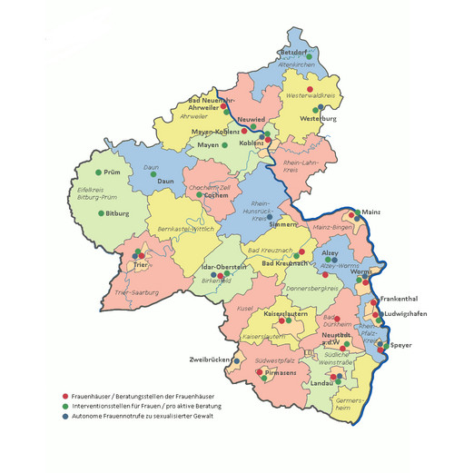 Landkarte mit den Standorten der Frauenhäuser, Frauennotrufe und Interventionsstellen in RLP